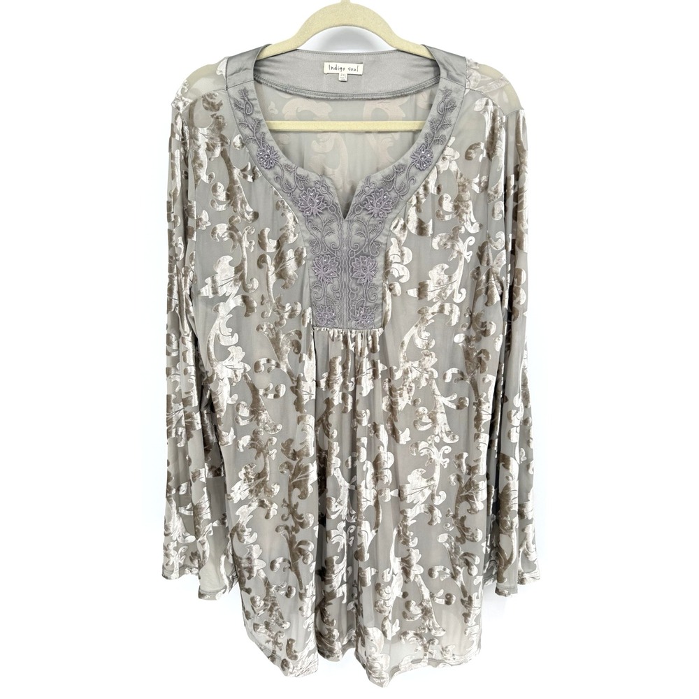 Indigo Soul Top Stretch Tunic Sheer Burnout Velvet Embellished Boho V-Neck 2XL